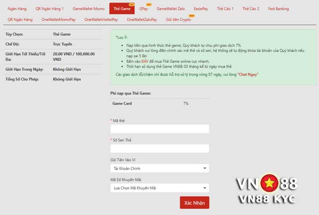 Hướng dẫn chi tiết cách chuyển tiền vào VN88 qua thẻ game